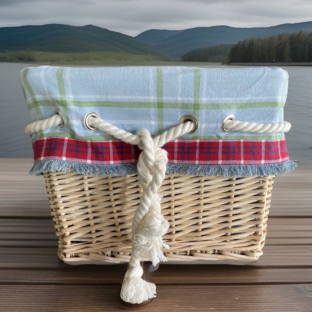 POTTERY BARN KIDS Blue Red Green Plaid Nautical Cottage Square Basket Liner 10"